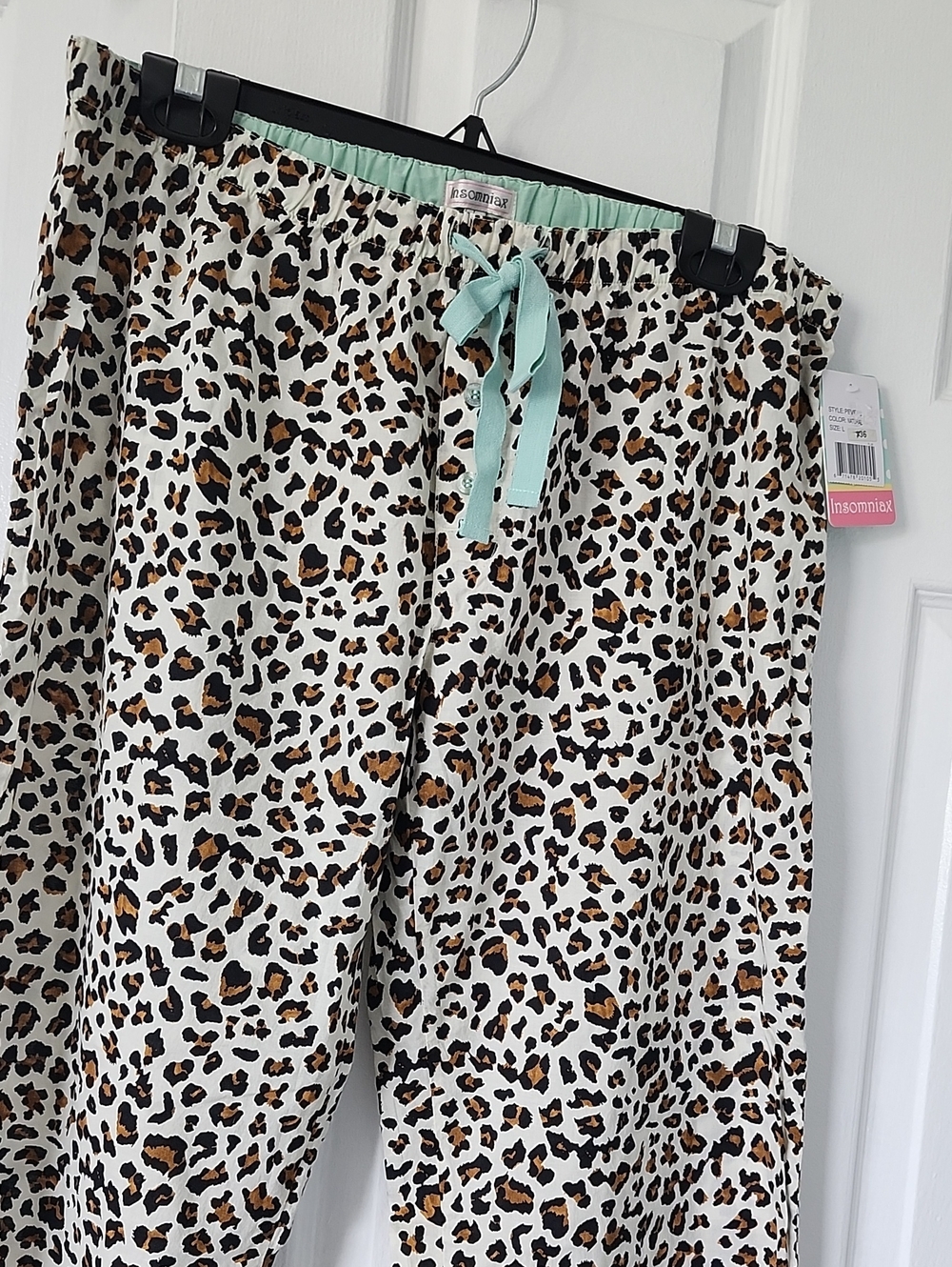 Insomniax Women's White Leopard Print Pajama Pants with Mint Drawstring